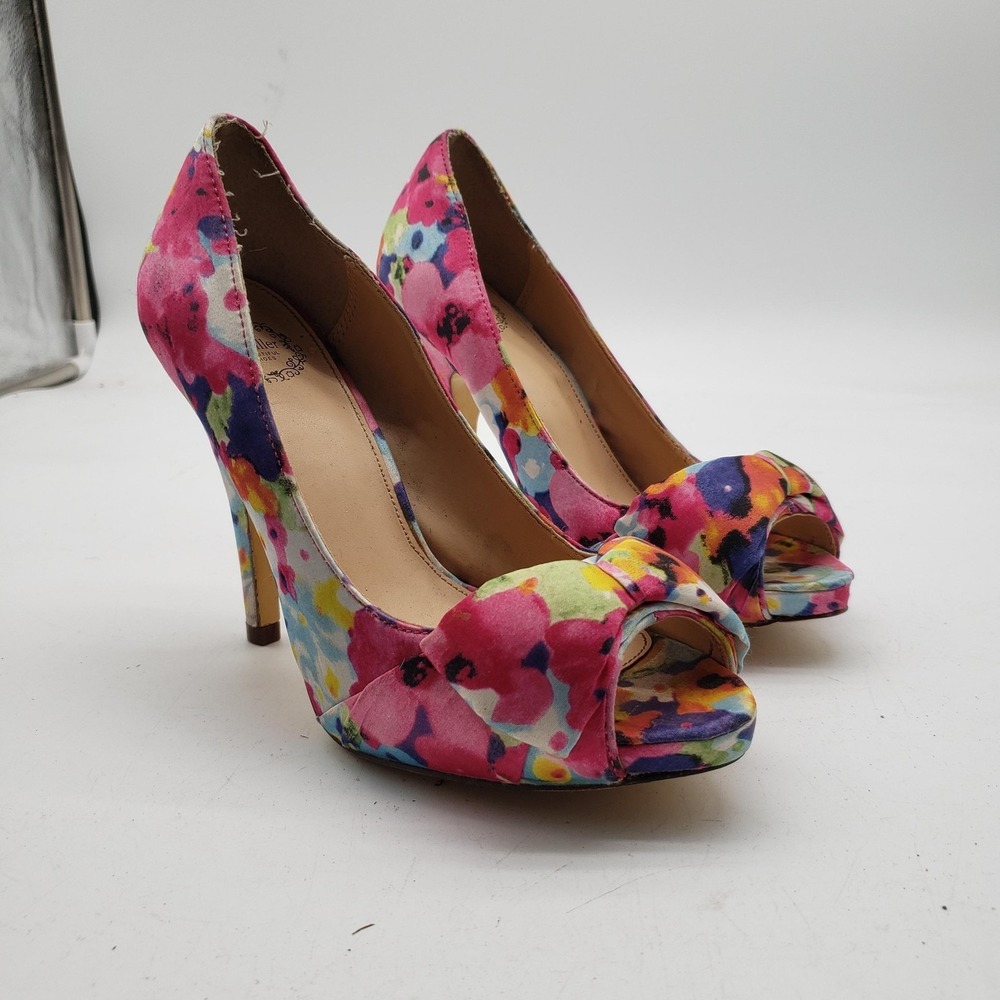J. Miller Shoes Womens Size 6.5 Multicolor Floral Peep Toe Bow Pumps Heels